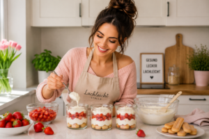 Dessertgläser werden abwechselnd mit Creme, Erdbeeren und Gebäck gefüllt