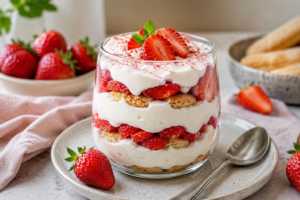 Dessert im Glas mit Erdbeeren, heller Creme und Gebäckschichten