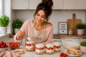 Mehrere Erdbeerdesserts werden portionsweise in Gläser geschichtet