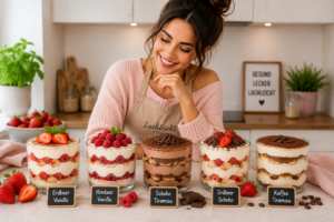 Verschiedene Dessertgläser mit Beeren, heller Creme und Schokoladenschichten