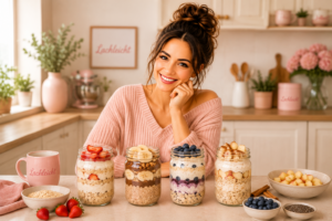 Vier Frühstücksgläser mit unterschiedlichen Obst- und Nussgarnierungen