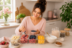 Obst, Nüsse und weitere Zutaten werden zum Vorbereiten portioniert