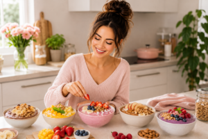 Smoothie-Schalen werden mit Obst und weiteren Zutaten garniert