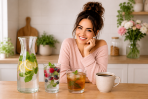 Wasserkaraffe, Tee und Kaffee auf einem Tisch
