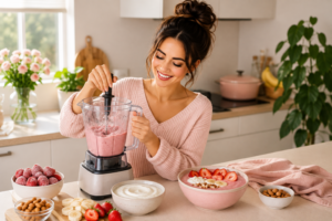 Eine rosa Smoothie-Mischung wird im Standmixer zubereitet