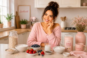 Haferflocken, Milchprodukte und Beeren als Zutaten für ein Frühstück im Glas