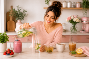 Wasser mit Zitrusfrüchten und Minze wird in ein Glas gegossen